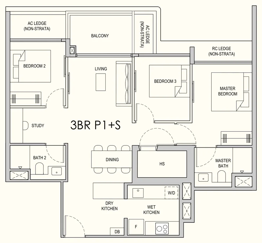 Lentor Gardens Residences floor plan, type 3BR P1+S: 3-Bedroom Premium, 969 sq ft