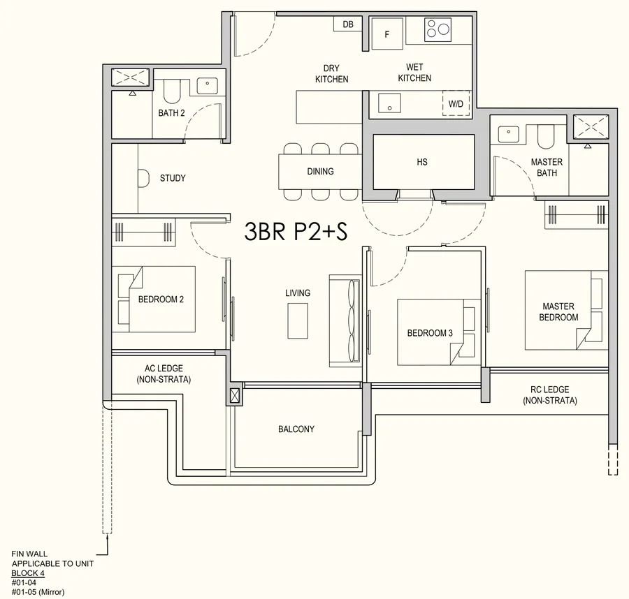 Lentor Gardens Residences floor plan, type 3BR P2+S: 3-Bedroom Premium, 969 sq ft