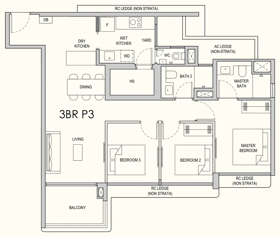 Lentor Gardens Residences floor plan, type 3BR P3: 3-Bedroom Premium, 1,001 sq ft