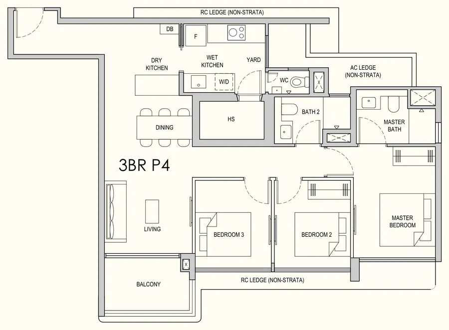 Lentor Gardens Residences floor plan, type 3BR P4: 3-Bedroom Premium, 1,001 sq ft