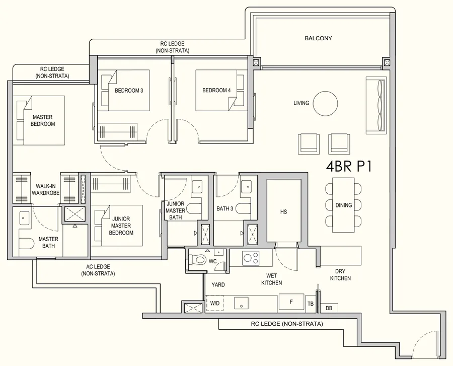 Lentor Gardens Residences floor plan, type 4BR P1: 4-Bedroom Premium, 1,356 sq ft