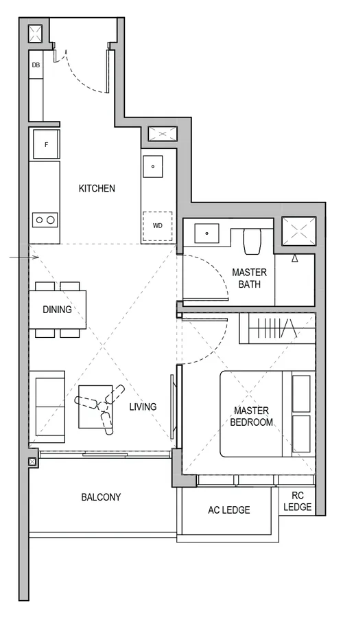 Lentoria floor plan, type A2: 1-Bedroom, 538 sq ft