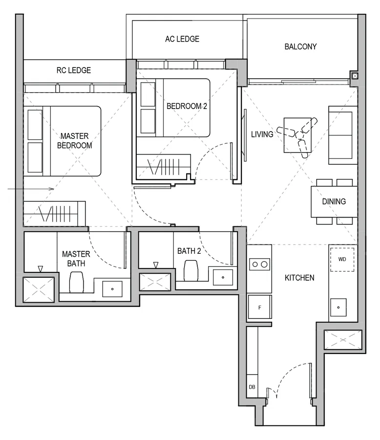 Lentoria floor plan, type B1: 2-Bedroom / 2-Bedroom + Study, 700 sq ft