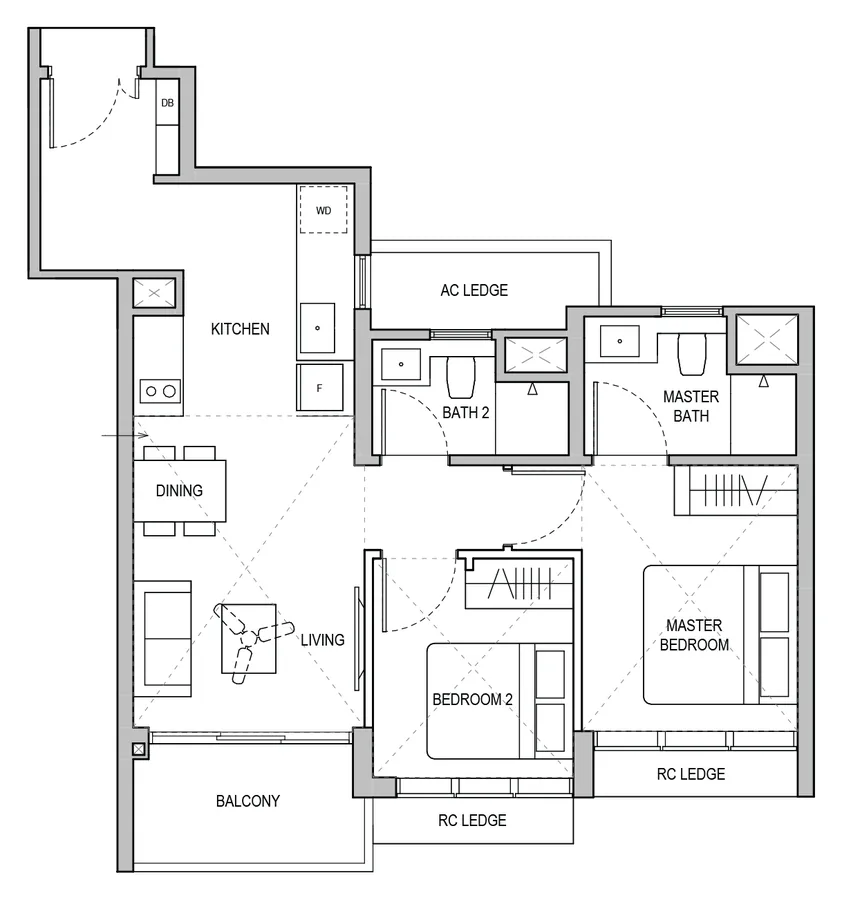 Lentoria floor plan, type B3: 2-Bedroom / 2-Bedroom + Study, 732 sq ft
