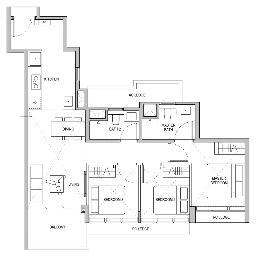 Lentoria floor plan, type C2: 3-Bedroom / 3-Bedroom Premium, 936 sq ft