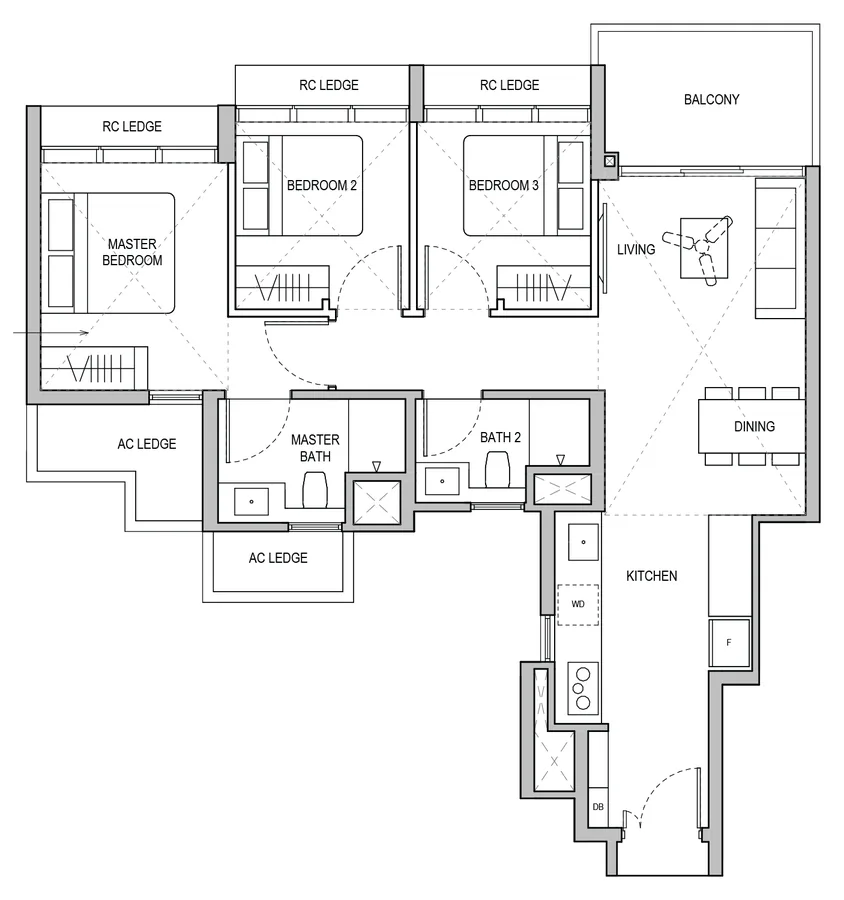 Lentoria floor plan, type C3: 3-Bedroom / 3-Bedroom Premium, 936 sq ft