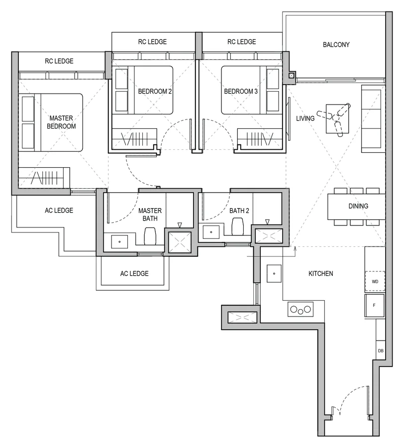 Lentoria floor plan, type C4: 3-Bedroom / 3-Bedroom Premium, 958 sq ft