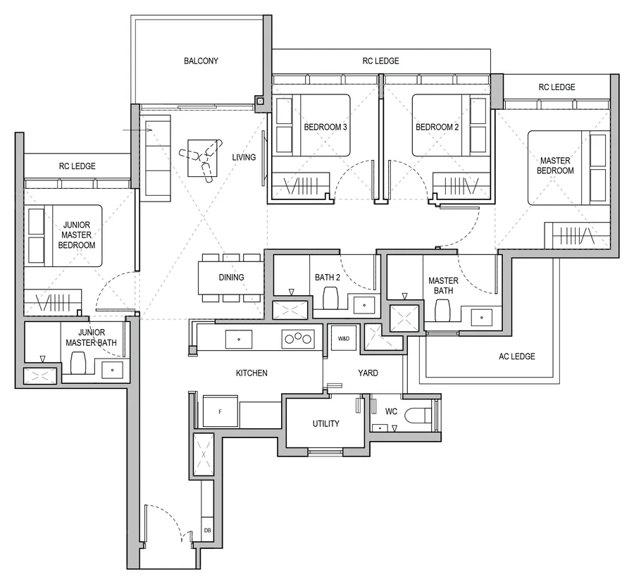 Lentoria floor plan, type D1: 4-Bedroom / 4-Bedroom Premium, 1,206 sq ft