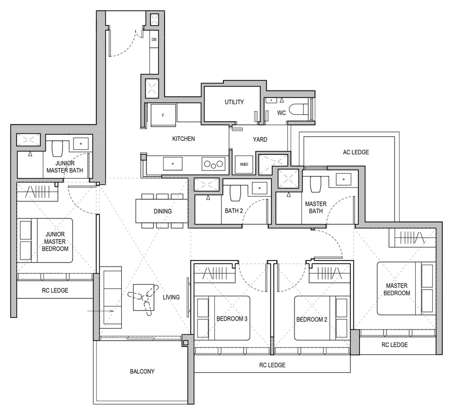 Lentoria floor plan, type D2: 4-Bedroom / 4-Bedroom Premium, 1,206 sq ft
