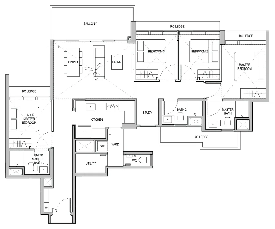 Lentoria floor plan, type D3P: 4-Bedroom / 4-Bedroom Premium, 1,345 sq ft