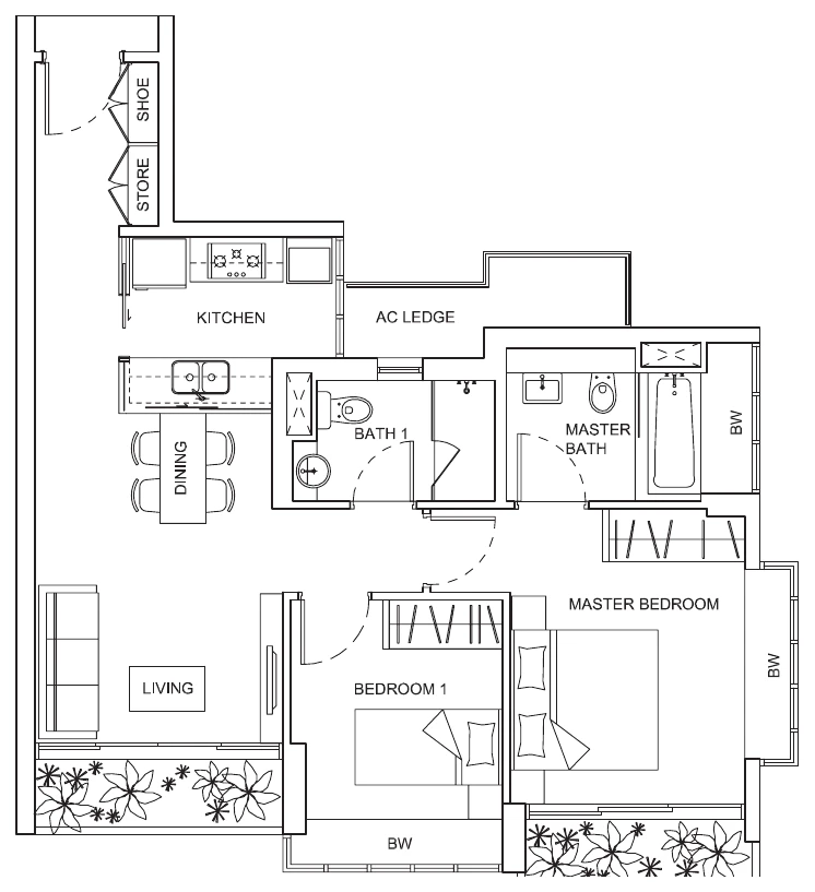 Livia floor plan, type A1: 2-Bedroom, 883 sq ft