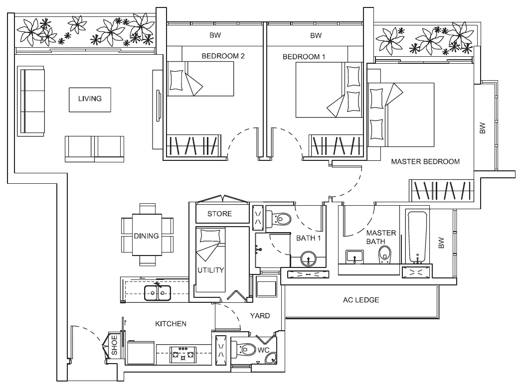 Livia floor plan, type C1a: 3-Bedroom, 1,259 sq ft