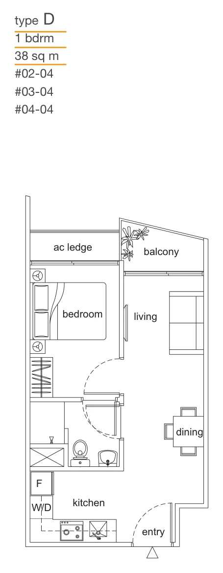 Loft @ Rangoon floor plan, type D: 1-Bedroom, 409 sq ft