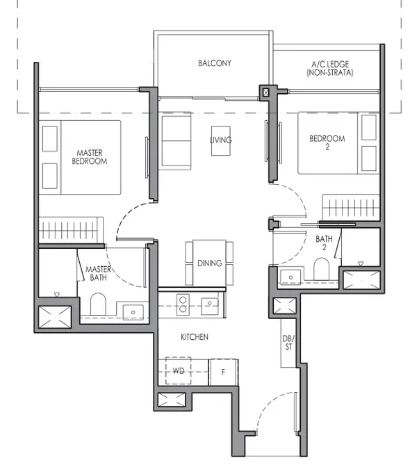 Lucerne Grand floor plan, type B1: 2-Bedroom, 624 sq ft