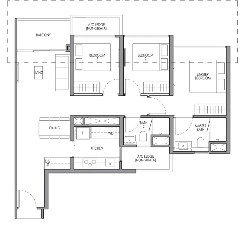 Lucerne Grand floor plan, type C1: 3-Bedroom, 872 sq ft