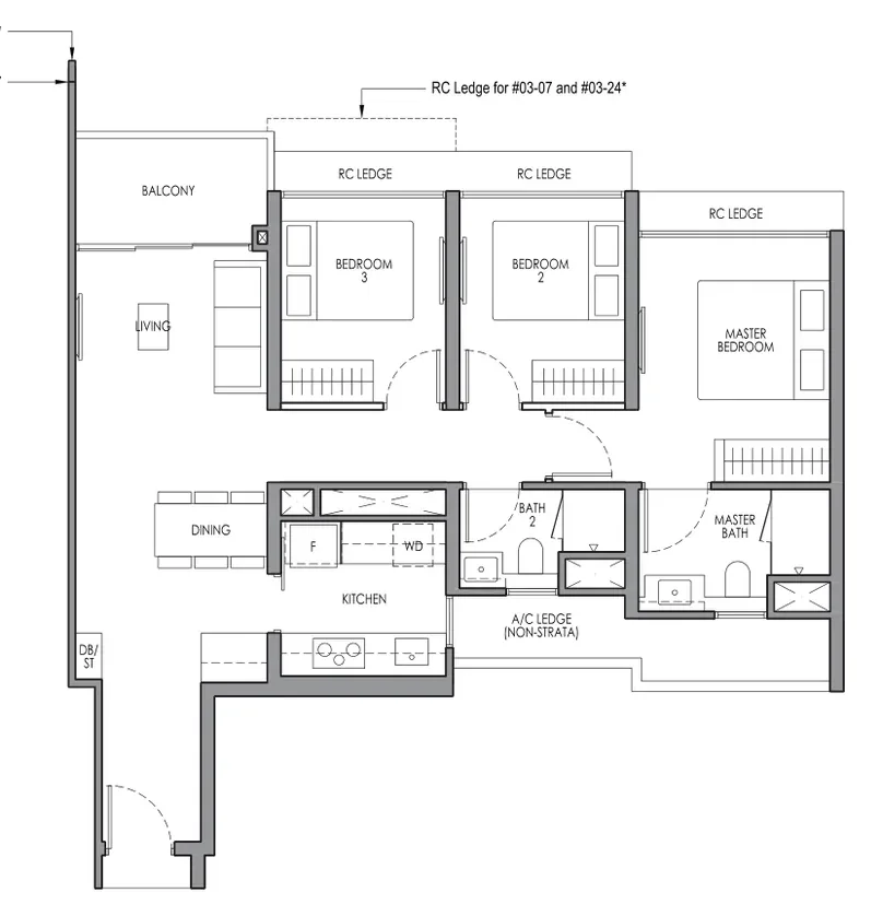 Lucerne Grand floor plan, type C2: 3-Bedroom, 883 sq ft
