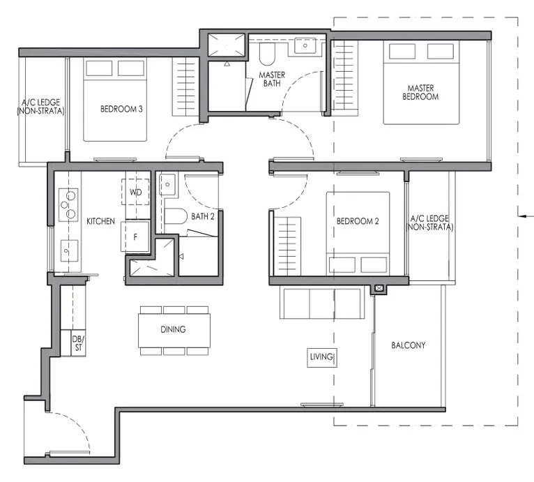 Lucerne Grand floor plan, type C3: 3-Bedroom, 893 sq ft