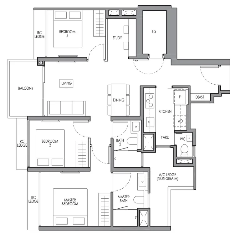 Lucerne Grand floor plan, type CP1S: 3-Bedroom Premium + Study, 947 sq ft