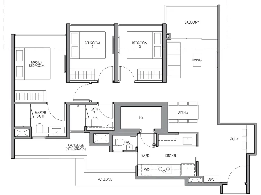 Lucerne Grand floor plan, type CP2S: 3-Bedroom Premium + Study, 1,001 sq ft