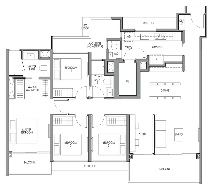 Lucerne Grand floor plan, type DP1S: 4-Bedroom Premium + Study, 1,345 sq ft