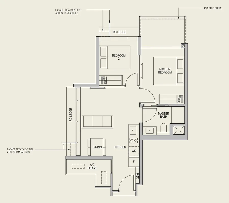 LyndenWoods floor plan, type B2(a): 2-Bedroom, 635 sq ft