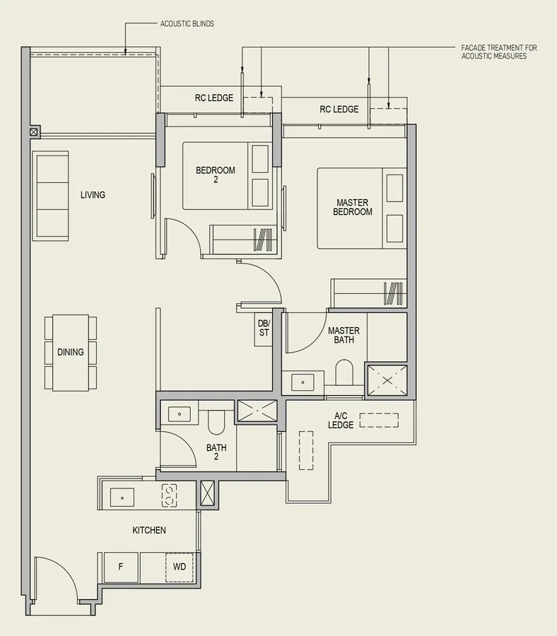 LyndenWoods floor plan, type BS2(a): 2-Bedroom + Study, 883 sq ft
