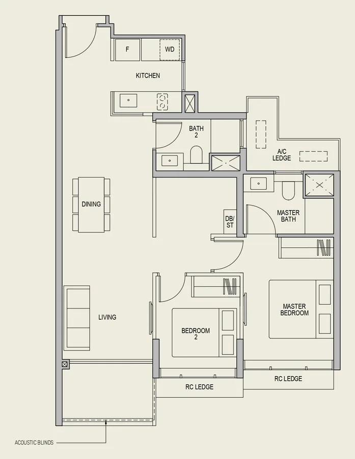 LyndenWoods floor plan, type BS3: 2-Bedroom + Study, 883 sq ft