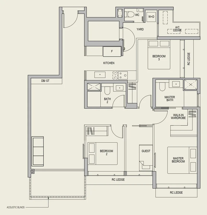 LyndenWoods floor plan, type CGP: 3-Bedroom + Guest (Premium), 1,292 sq ft