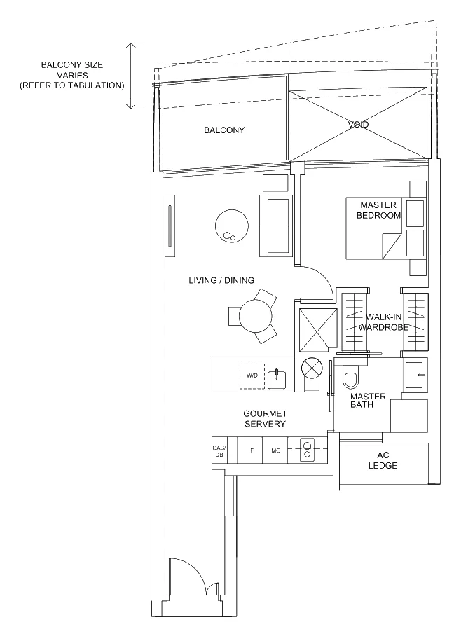 Marina One Residences floor plan, type 1F: 1-Bedroom, 689 sq ft