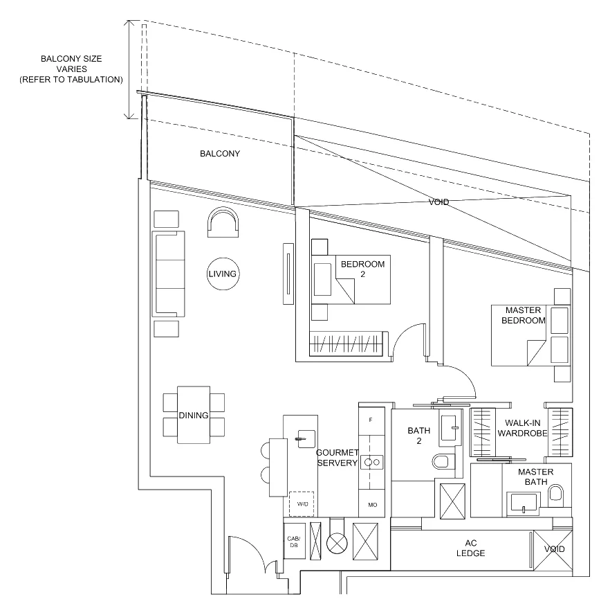 Marina One Residences floor plan, type 2A: 2-Bedroom, 1,012 sq ft