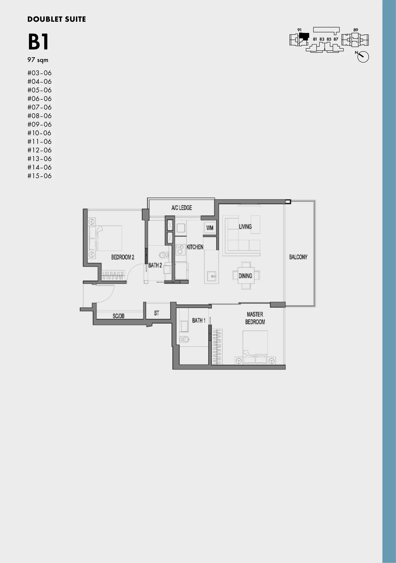 Marine Blue floor plan, type B1: 2-Bedroom (doublet suite), 1,044 sq ft