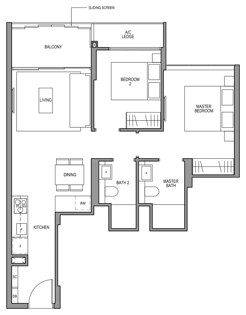 Martin Modern floor plan, type B1: 2-Bedroom, 764 sq ft