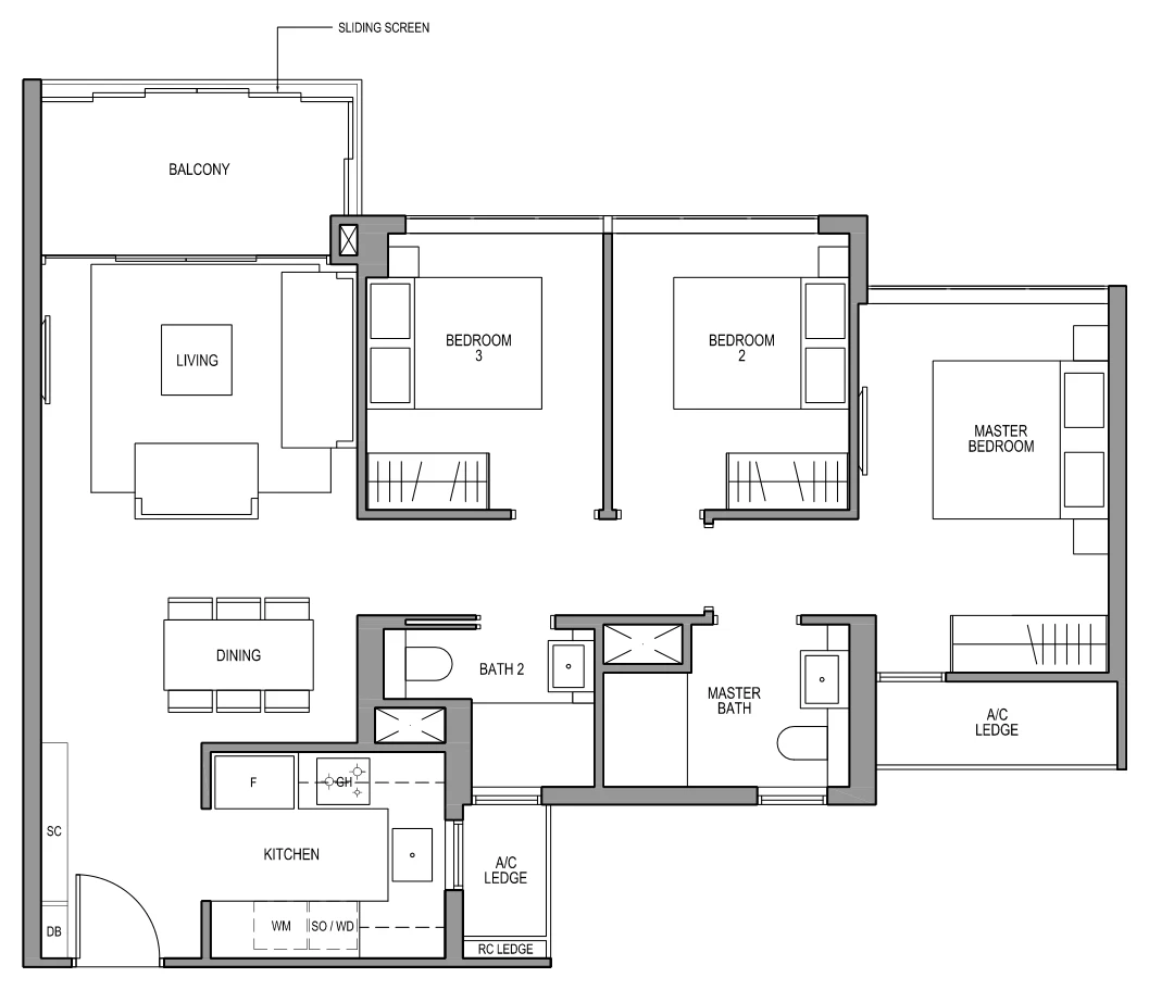 Martin Modern floor plan, type C1: 3-Bedroom, 1,012 sq ft