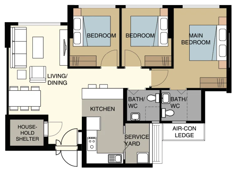 Melody Spring @ Yishun floor plan, type 4R: 4-room, 93 sqm, 1,001 sq ft