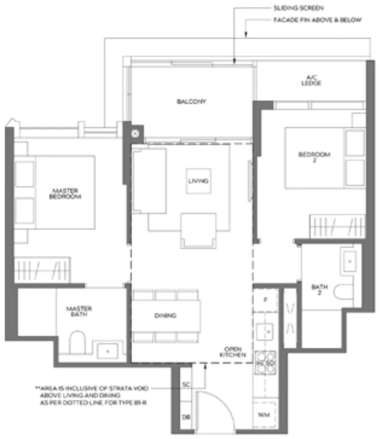 Meyer Mansion floor plan, type B1: 2-Bedroom, 689 sq ft