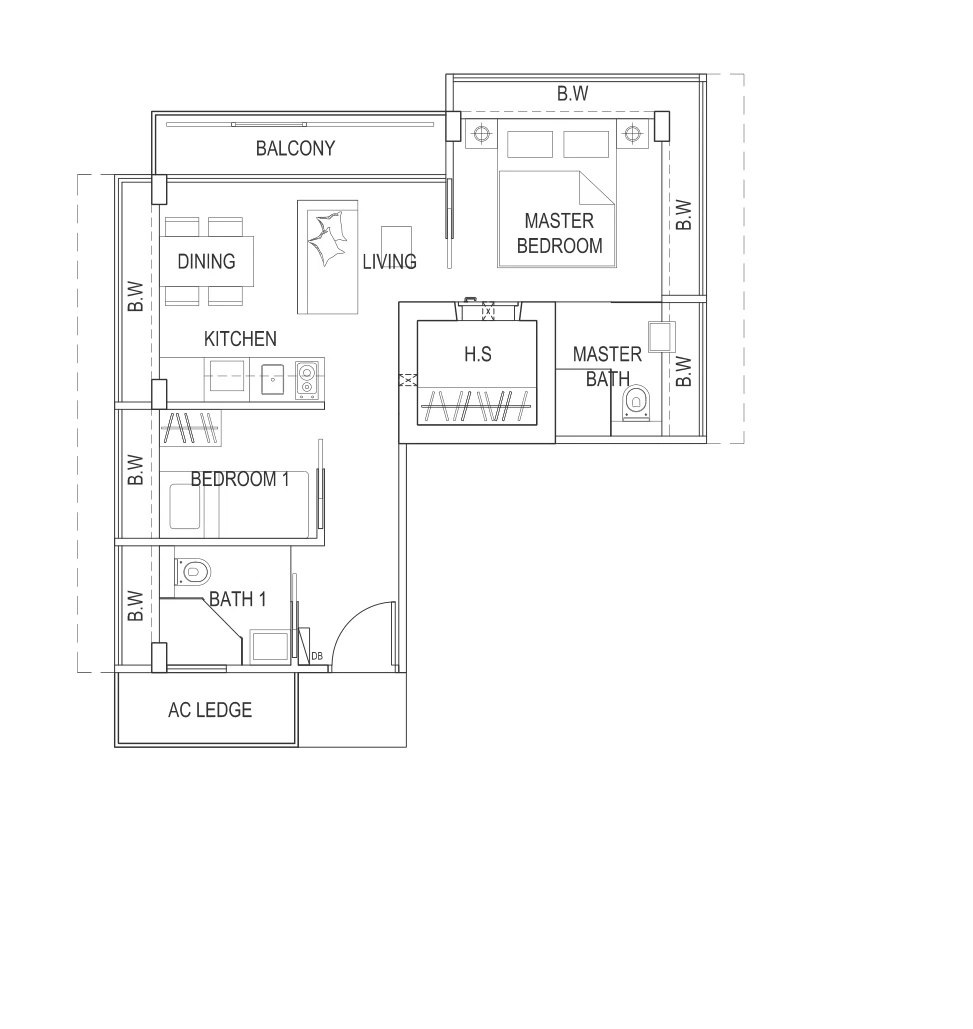 Meyer Melodia floor plan, type B1: 2-Bedroom, 550 sq ft