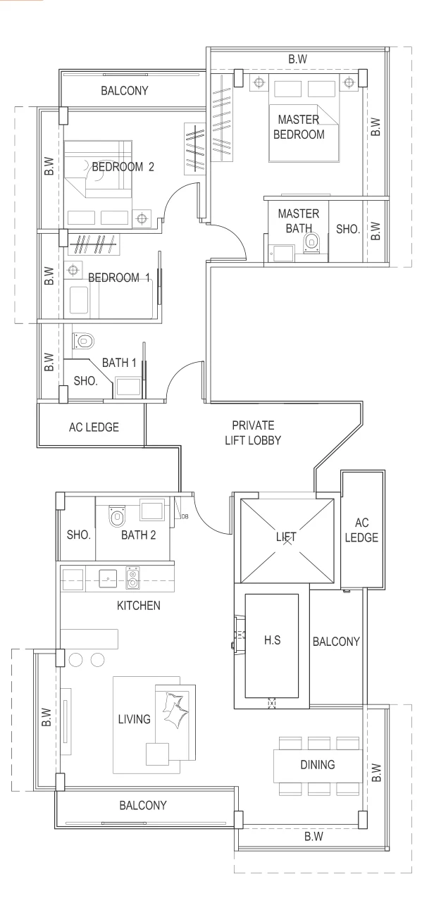 Meyer Melodia floor plan, type C: 3-Bedroom, 1,205 sq ft