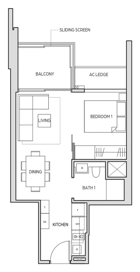 Midtown Bay floor plan, type A1: 1 Bedroom, 474 sq ft