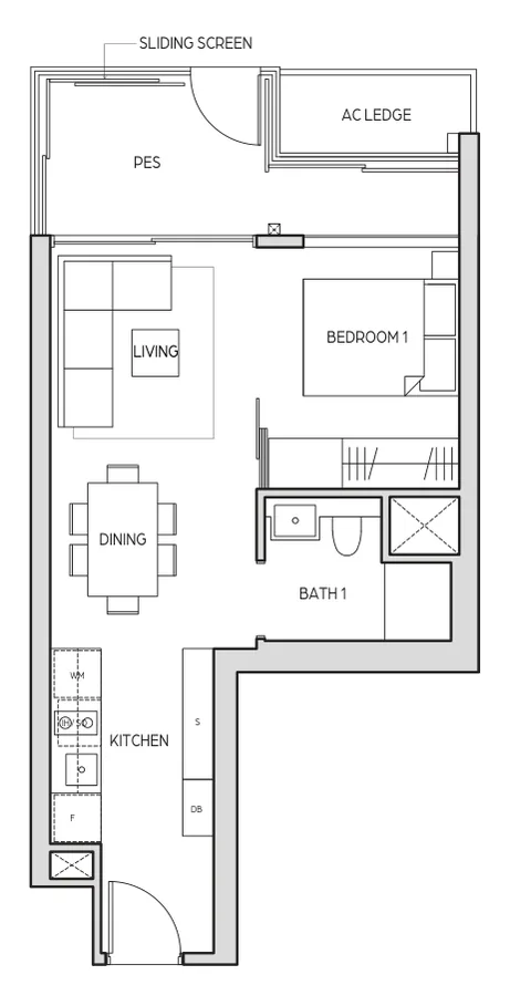 Midtown Bay floor plan, type A2a-G: 1 Bedroom, 527 sq ft