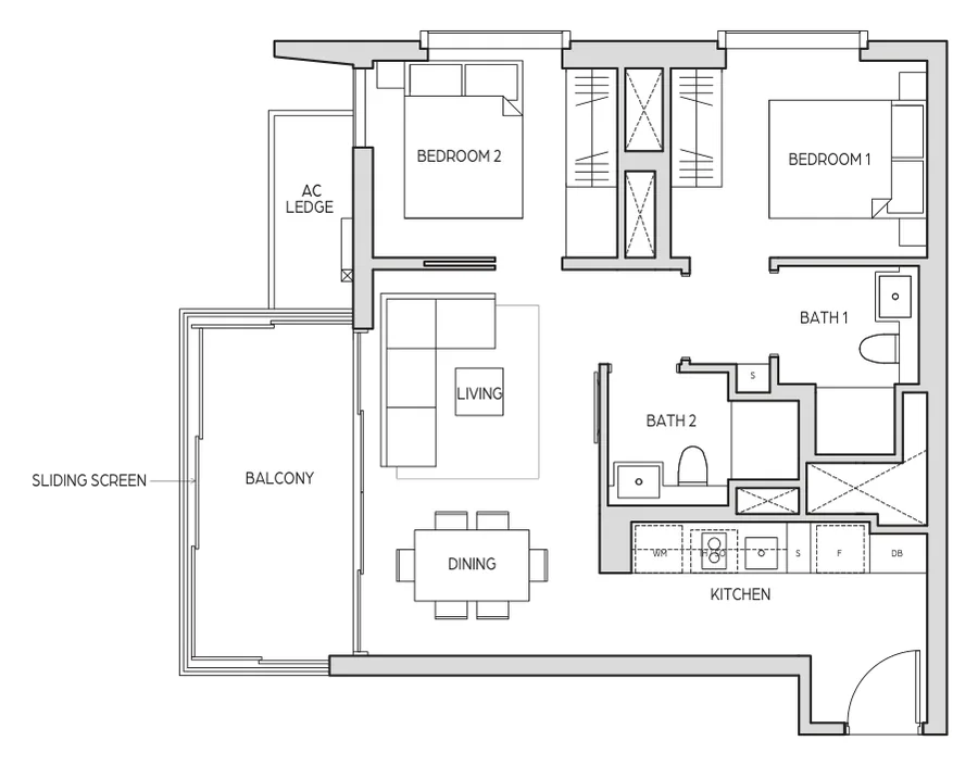 Midtown Bay floor plan, type B1: 2 Bedroom, 732 sq ft