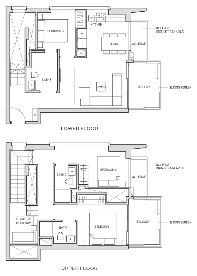 Midtown Bay floor plan, type B1a-DP: 3 Bedroom Duplex, 1,324 sq ft