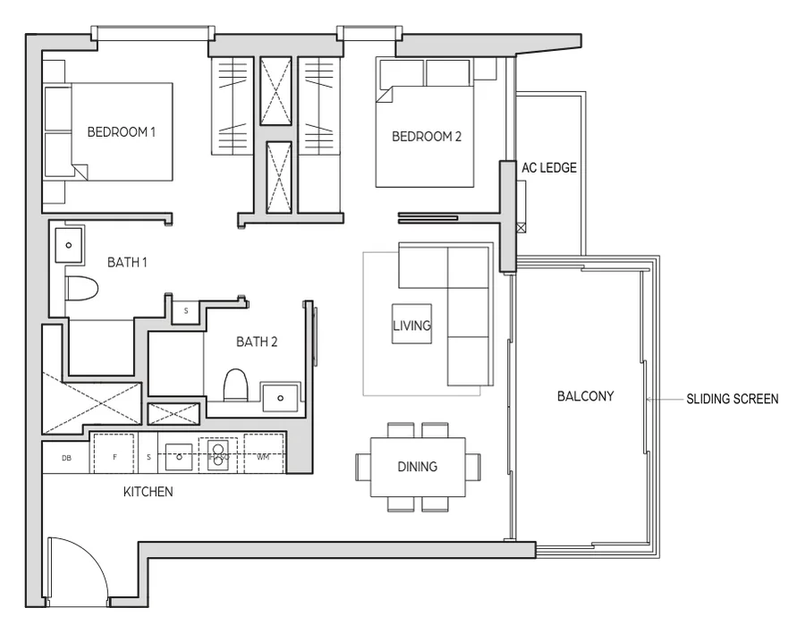 Midtown Bay floor plan, type B1a: 2 Bedroom, 732 sq ft