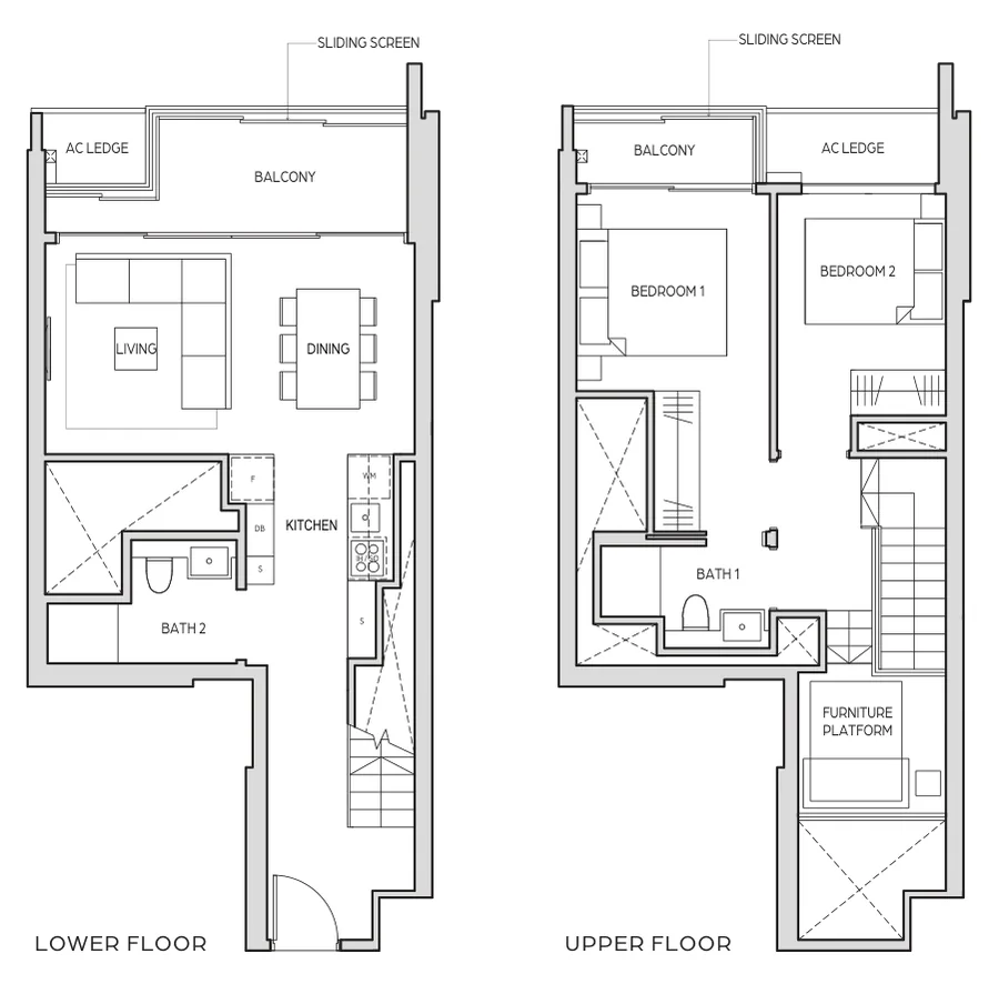 Midtown Bay floor plan, type B7-DP: 2 Bedroom Duplex, 1,023 sq ft