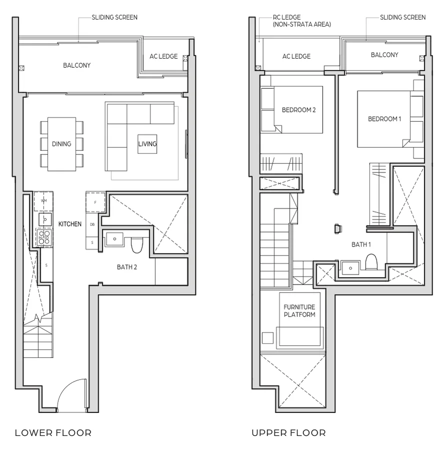 Midtown Bay floor plan, type B7a-DP: 2 Bedroom Duplex, 1,023 sq ft