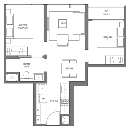 Midtown Modern floor plan, type B1: 2-Bedroom, 592 sq ft