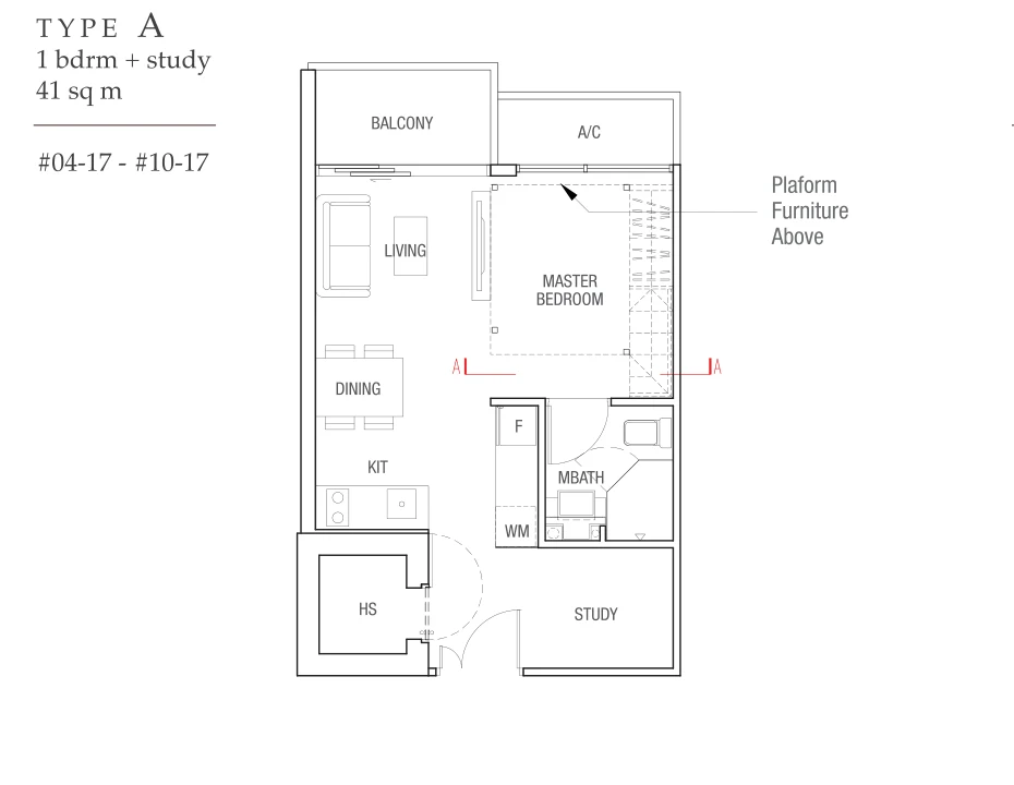 Midtown Residences floor plan, type A: 1-Bedroom + Study, 441 sq ft