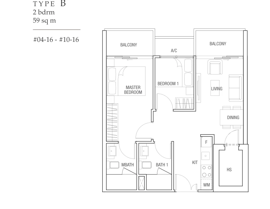 Midtown Residences floor plan, type B: 2-Bedroom, 635 sq ft