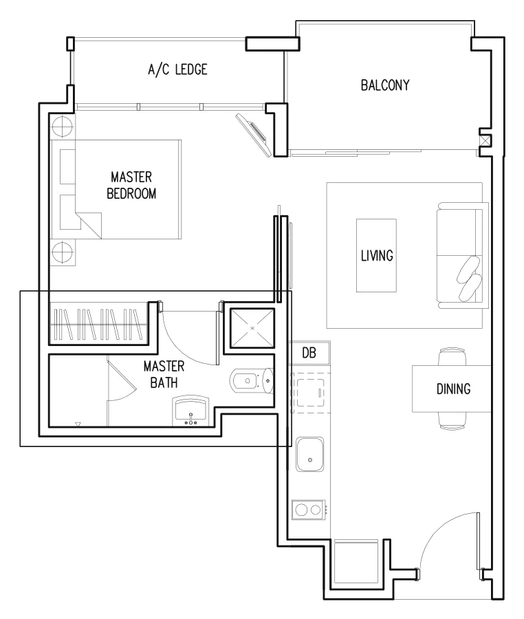 The Miltonia Residences floor plan, type A1: 1-Bedroom, 517 sq ft