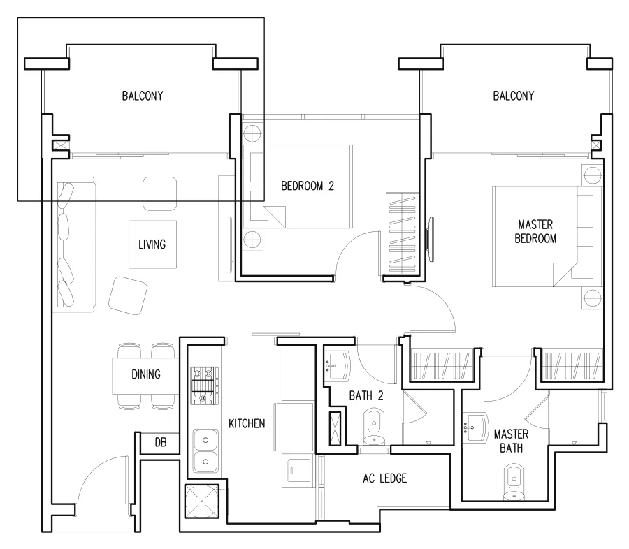The Miltonia Residences floor plan, type B1-a: 2-Bedroom, 840 sq ft