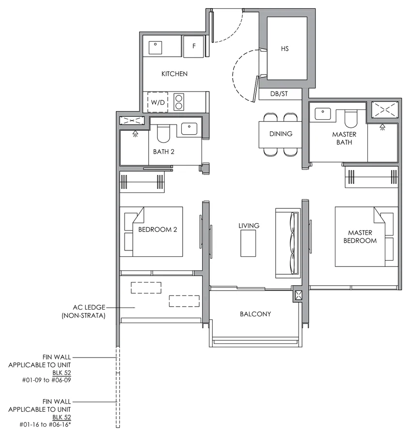 Narra Residences floor plan, type B3H: 2-Bedroom with HS, 689 sq ft